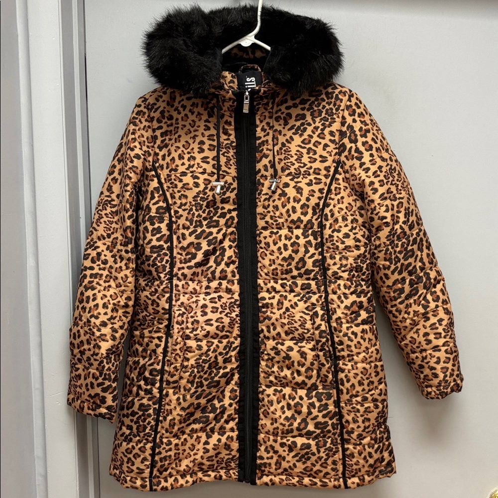 Details Intl Leopard Print Puffer Coat with Faux Fur Hood – Size S